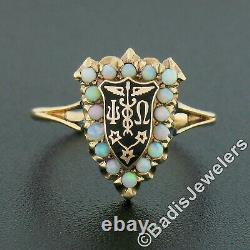 Antique 14k Gold Cabochon Opal Halo with Black Enamel & Medical Symbol Shield Ring