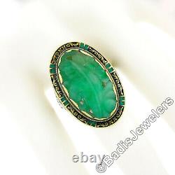 Antique 14k Gold GIA Pierced & Carved Jade with Green & Black Enamel Cocktail Ring
