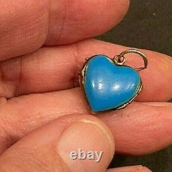 Antique 14k Gold Heart Charm Locket Turquoise & Black Enamel Seed Pearl BIN