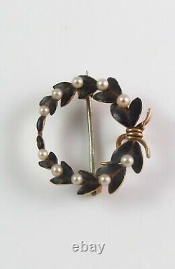 Antique 14k Gold Henry Kohn & Sons Black Enamel & Pearl Wreath Watch Pin Brooch