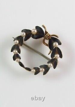 Antique 14k Gold Henry Kohn & Sons Black Enamel & Pearl Wreath Watch Pin Brooch