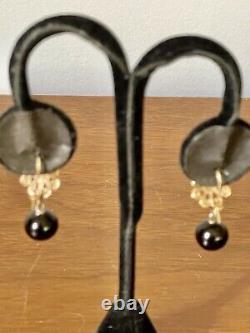 Antique 14k Yellow Gold Black Onyx Enamel Flower Top French Wire Dangle Earrings