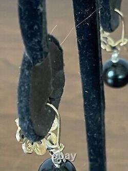 Antique 14k Yellow Gold Black Onyx Enamel Flower Top French Wire Dangle Earrings
