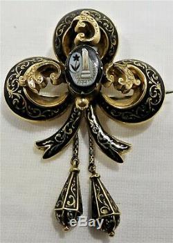Antique 15 ct gold & black enamel & sardonyx mourning brooch c 1870