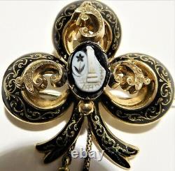 Antique 15 ct yellow gold & enamel mourning brooch/pin with two drops c 1870