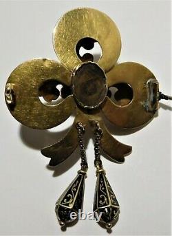 Antique 15 ct yellow gold & enamel mourning brooch/pin with two drops c 1870