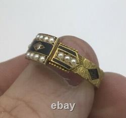 Antique 15ct Gold Black Enamel, Diamond and Seed Pearl Mourning Ring Size O