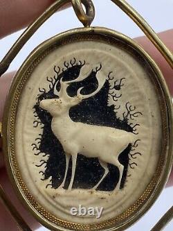 Antique 1890s Double Sided Carved Antler Stag & Photo Mourning Swivel Brooch