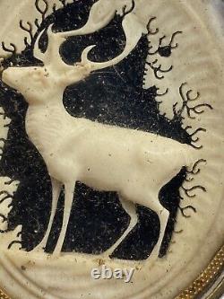 Antique 1890s Double Sided Carved Antler Stag & Photo Mourning Swivel Brooch