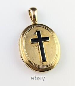 Antique 18ct gold mourning locket, black enamel cross pendant