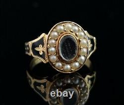 Antique 18ct gold mourning ring, pearl and black enamel, hairwork, boxed, Edward