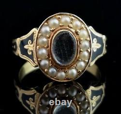 Antique 18ct gold mourning ring, pearl and black enamel, hairwork, boxed, Edward