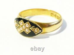 Antique 1911 18ct Gold Mourning Ring Enamel Seed Pearls Crucifix Cross UK L. 1/2
