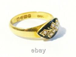 Antique 1911 18ct Gold Mourning Ring Enamel Seed Pearls Crucifix Cross UK L. 1/2