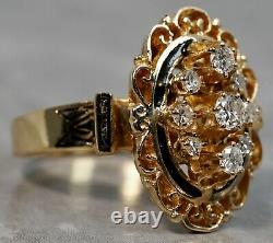 Antique 1920's 14K Yellow Gold. 50ctw Diamond Black Enameled Filigree Ring