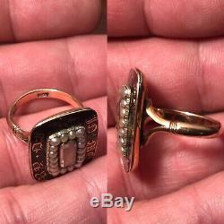 Antique 19th C Victorian Black Enamel 9ct Gold Mourning Ring With 18 Sead Pearl