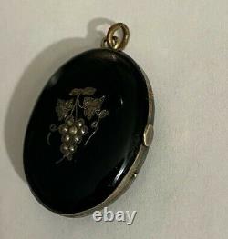 Antique 19th Cent. 14K Yellow Gold Black Enamel Seed Pearls Locket Grapes Leaves