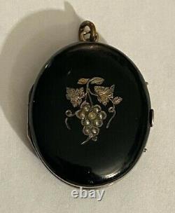 Antique 19th Cent. 14K Yellow Gold Black Enamel Seed Pearls Locket Grapes Leaves