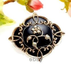 Antique 9 CT Gold Black Enamel Seed Pearl Mourning Brooch with Hair Window