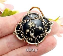 Antique 9 CT Gold Black Enamel Seed Pearl Mourning Brooch with Hair Window