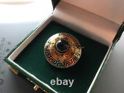 Antique 9ct 9k Gold Greek Key Black Enamel Bulls Eye Agate Mourning Brooch