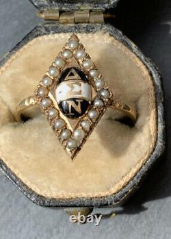 Antique 9ct Yellow Gold Marquise Pearl With Black and White Enamel Ring