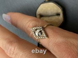 Antique 9ct Yellow Gold Marquise Pearl With Black and White Enamel Ring