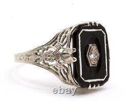 Antique Art Deco 14K Gold Onyx Diamond Filigree Enamel Hallmarked Unique Ring
