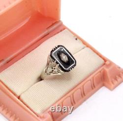 Antique Art Deco 14K Gold Onyx Diamond Filigree Enamel Hallmarked Unique Ring