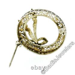 Antique Art Deco 14K Gold Seed Pearl Black Enamel Bow Filigree Wreath Brooch Pin