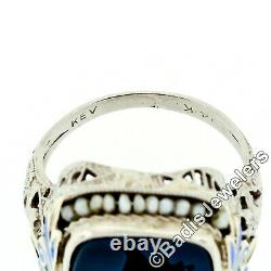 Antique Art Deco 14k White Gold Intaglio Agate Seed Pearl & Enamel Filigree Ring