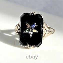 Antique Art Deco Gold Ring with Black Onyx and Enamel Eastern Star