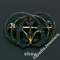 Antique Art Nouveau 14K Gold Matte Black Enamel Flower Leaf Open Work Brooch Pin