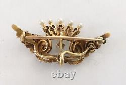 Antique Art Nouveau 14k Black Enamel Pin, Wings, Crown, Diamonds, Pearls
