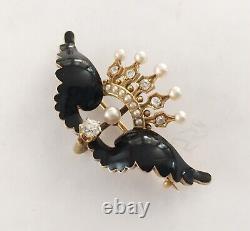 Antique Art Nouveau 14k Black Enamel Pin, Wings, Crown, Diamonds, Pearls
