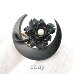 Antique Black Enamel & Pearl 14K Yellow Gold Rose & Moon Brooch Pin