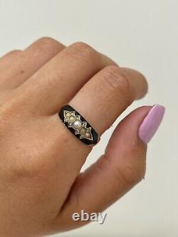 Antique Black Enamel Pearl and Rose Cut Diamond 15ct Yellow Gold Ring
