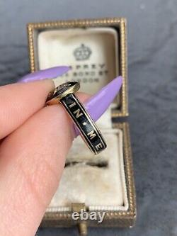 Antique Black Enamel and Diamond'In Memoriam' Mourning Ring in 18ct Yellow Gold