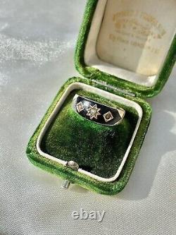 Antique Black Enamel and Pearl 3 Stone in 9ct Yellow Gold
