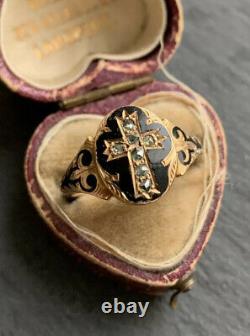 Antique Black Enamel and Rose Cut Diamond Cross Ring in Yellow Gold