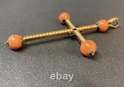 Antique Coral wit black & white Enamel Gold Cross with clubs Catholic jewellery