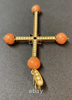 Antique Coral wit black & white Enamel Gold Cross with clubs Catholic jewellery