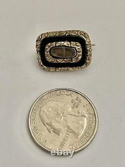 Antique Dainty Pinchbeck Georgian Black Enamel & Gold Mourning Brooch with Hair