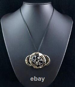 Antique Diamond mourning brooch pendant, Black enamel, 15ct gold