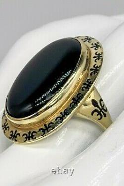 Antique Edwardian 1900s 15ct Black Onyx Fleur De Lis ENAMEL 14k Yellow Gold Ring