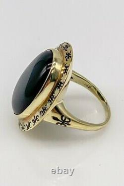 Antique Edwardian 1900s 15ct Black Onyx Fleur De Lis ENAMEL 14k Yellow Gold Ring