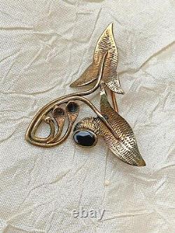 Antique French ART NOUVEAU brooch Gold plated Leaves w. Black enamel inclusion