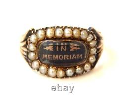 Antique Georgian 9ct Gold Pearl set Black Enamel Mourning Ring c1817