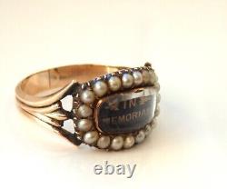 Antique Georgian 9ct Gold Pearl set Black Enamel Mourning Ring c1817