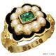 Antique Georgian Era 18k Yellow Gold Emerald, Pearl & Black Enamel Memorial Ring